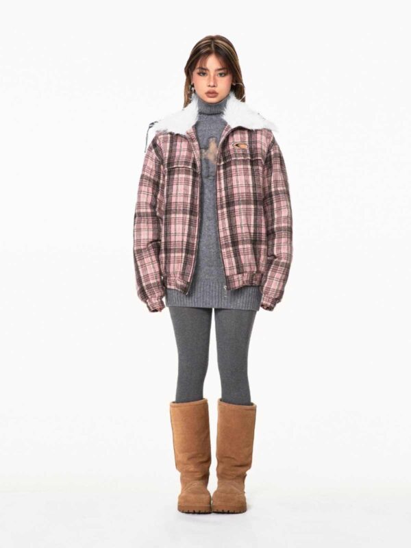Retro Plaid Fur Collar Age-reducing Gray Loose All-match Design Cotton-padded Coat - Image 5