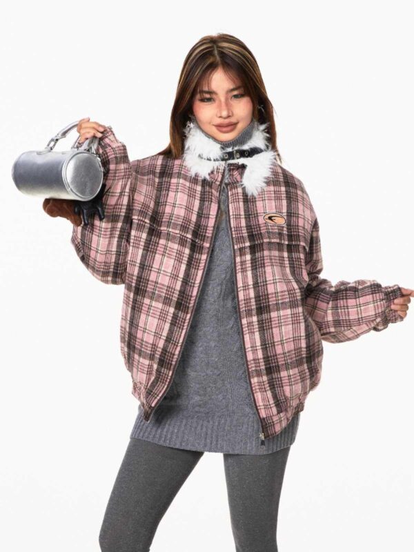 Retro Plaid Fur Collar Age-reducing Gray Loose All-match Design Cotton-padded Coat - Image 3