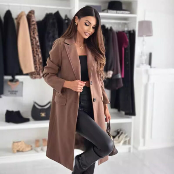 Lapel Single-breasted Wool Coat Winter Long Sleeve Solid Color Long Jacket Women Clothing - Image 5