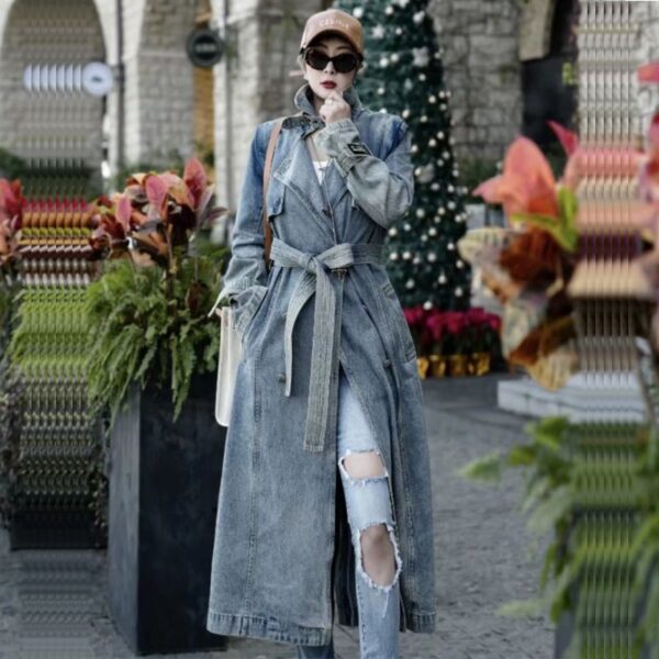 Personality Retro Long Denim Trench Coat - Image 6