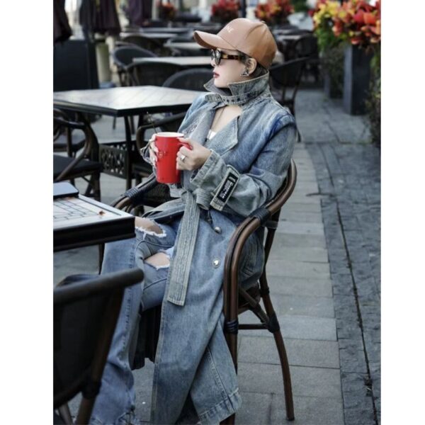 Personality Retro Long Denim Trench Coat - Image 2